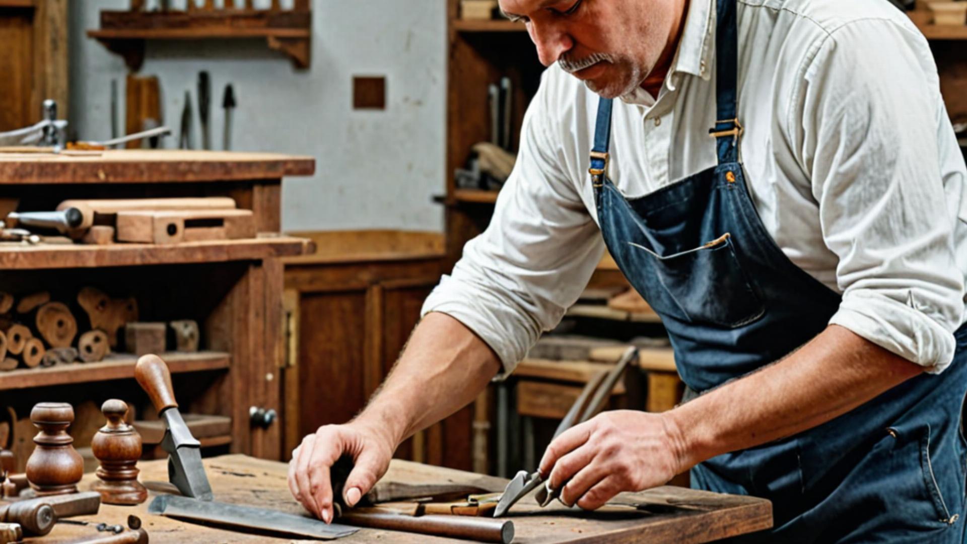 Master craftsman working on antique furniture restoration