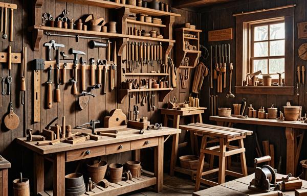 Vintage woodworking workshop with traditional tools